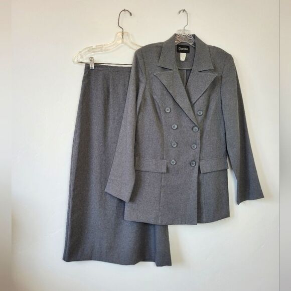 Vintage Courtenay Skirt Suit Gray Double Breasted Midi Career Church Size 10 - Picture 1 of 8